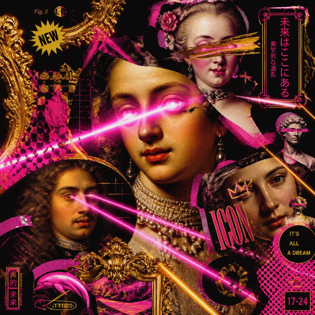 Neon-baroque collage of old master portraits crossed by pink laser beams